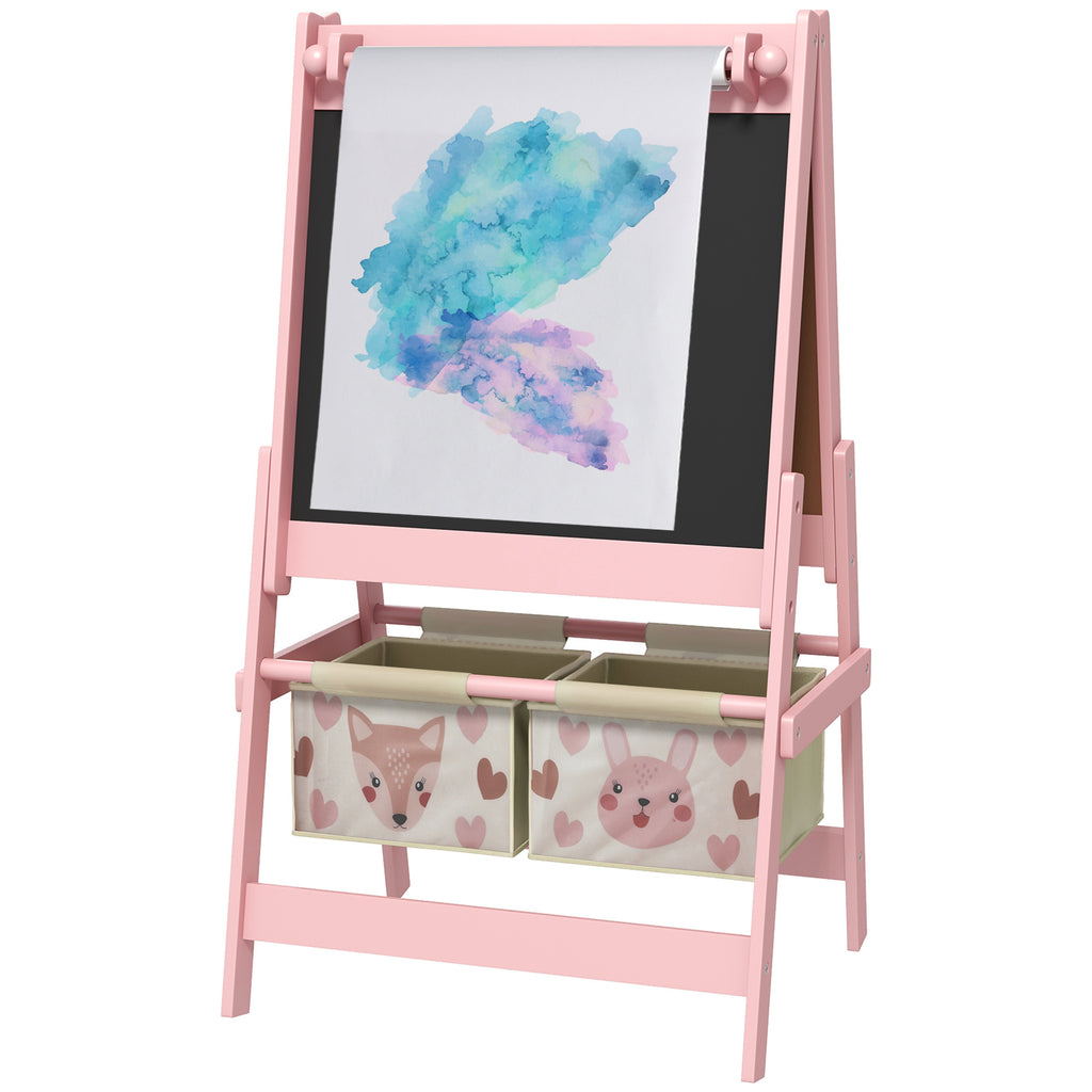 Qaba Art Easel for Kids with Paper Roll, 3 in 1 Toddler Painting Easel with Blackboard, Whiteboard, Storage Baskets, Pink | P