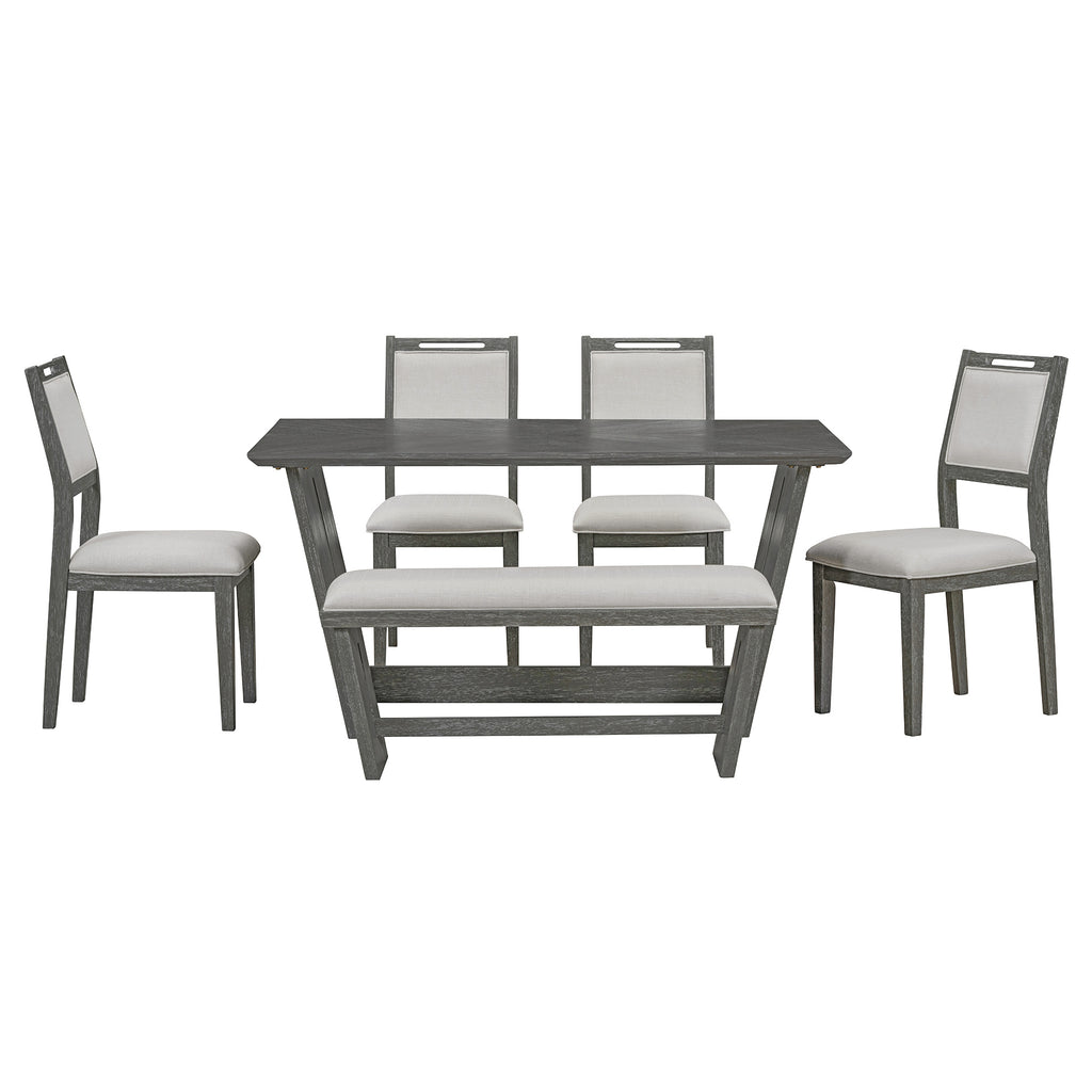 TREXM 6-Piece Retro Dining Table Set for 6, 60' Wood Kitchen Table and Chairs Set of 4 with Bench Designed Trestle Base for kitchen & Dining Room (Gray) - Grand Goldman Shop