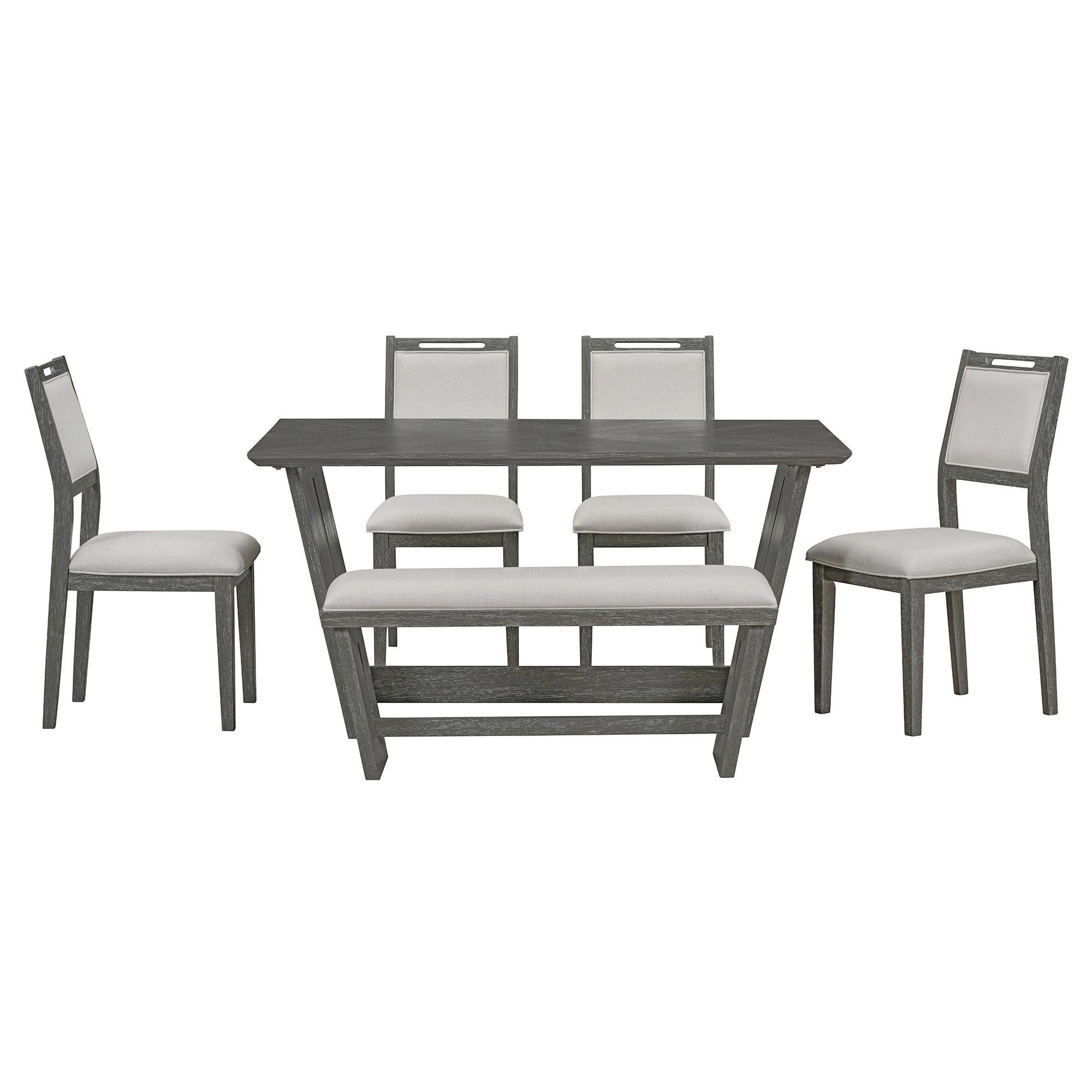 TREXM 6-Piece Retro Dining Table Set for 6, 60' Wood Kitchen Table and Chairs Set of 4 with Bench Designed Trestle Base for kitchen & Dining Room (Gray) - Grand Goldman Shop