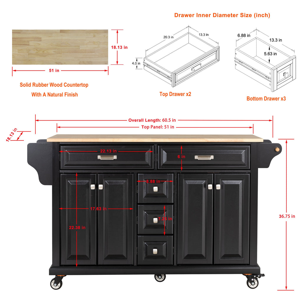 Kitchen Island with Rubber wood Countertop, Kitchen Cart on 5 Wheels with Storage Cabinet and 5 Drawers for Dinning Room, Black - Grand Goldman Shop