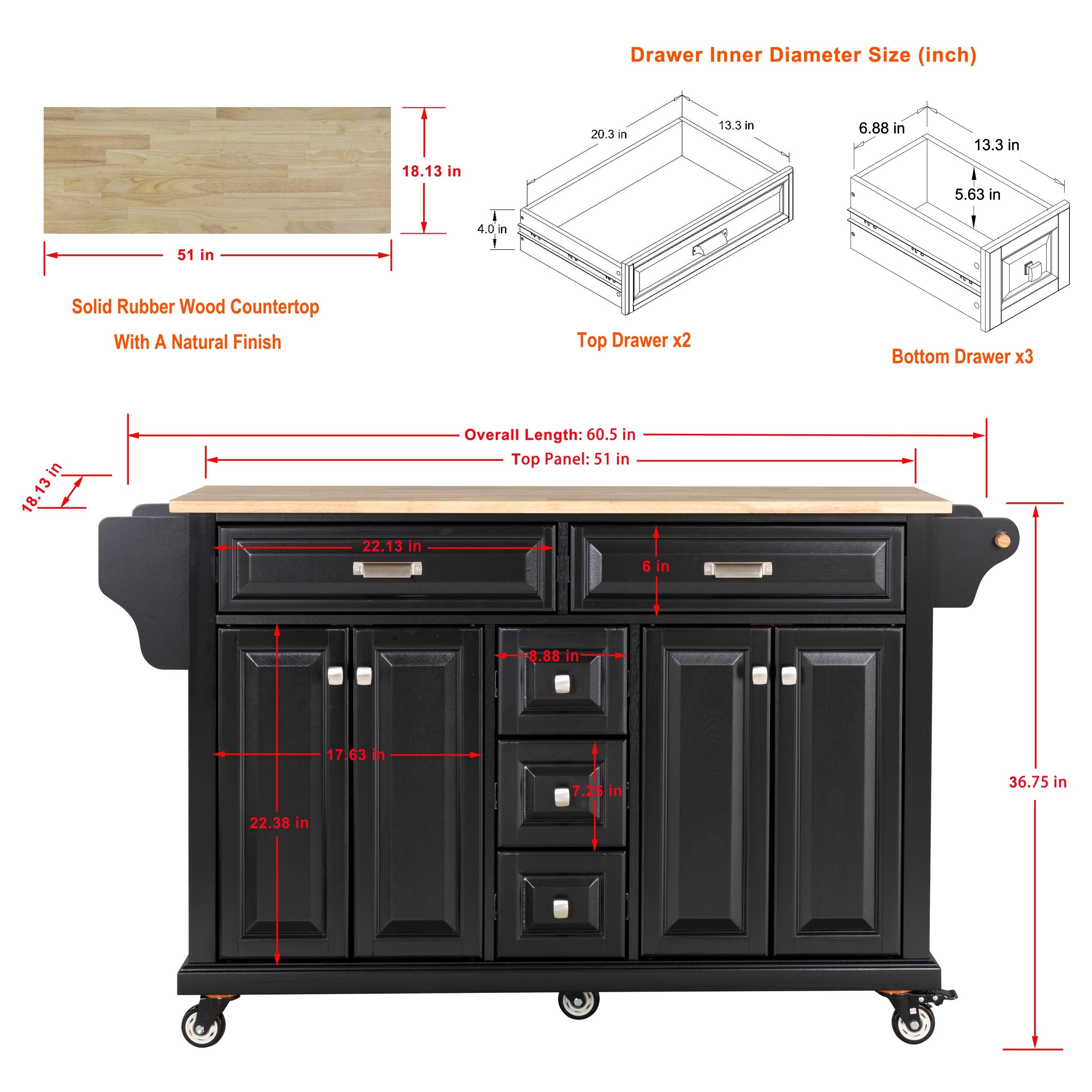 Kitchen Island with Rubber wood Countertop, Kitchen Cart on 5 Wheels with Storage Cabinet and 5 Drawers for Dinning Room, Black - Grand Goldman Shop