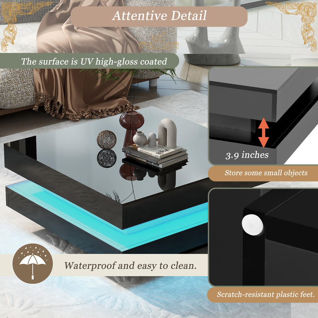 ON-TREND High Gloss Minimalist Design with LED Lights, 2-Tier Square Coffee Table, Center Table for Living Room, 31.5''x31.5''x14.2'',Black - Grand Goldman Shop