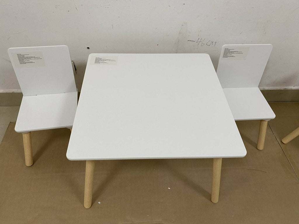 White Wooden Kids Table and 2 Chairs Set, 3-Piece Toddler Activity Play Table with Solid Wood & MDF Construction, Compact Siz