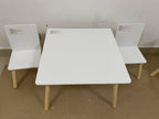 White Wooden Kids Table and 2 Chairs Set, 3-Piece Toddler Activity Play Table with Solid Wood & MDF Construction, Compact Siz
