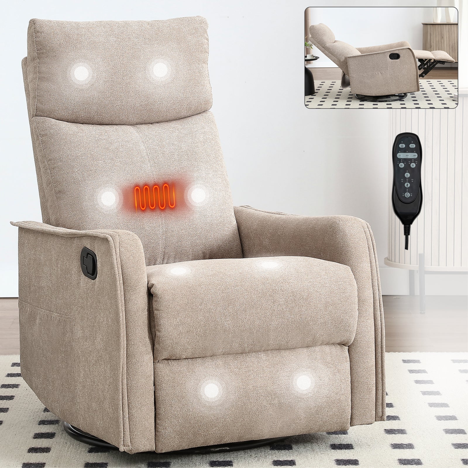 Heat Massage Manual Recliner Chair with Rocker and Swivel in Fabric for Living Room, Khaki - Grand Goldman Shop