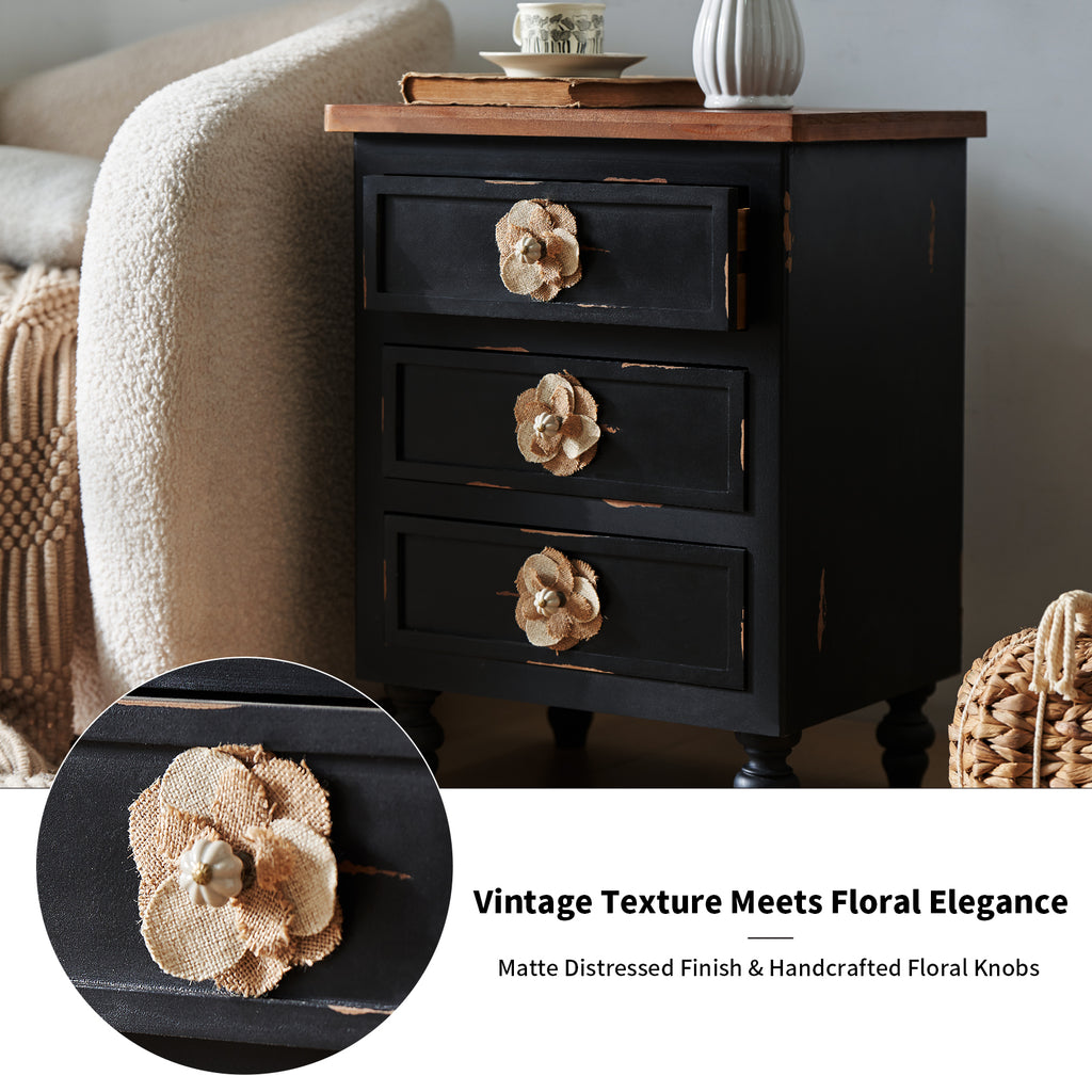 Vintage Farmhouse End Table with Floral Knobs – 19' Rustic Nightstand with 3 Drawers Gourd Legs,Bedside or Sofa Accent Table, Almost Fully Assembled, Black - Grand Goldman Shop