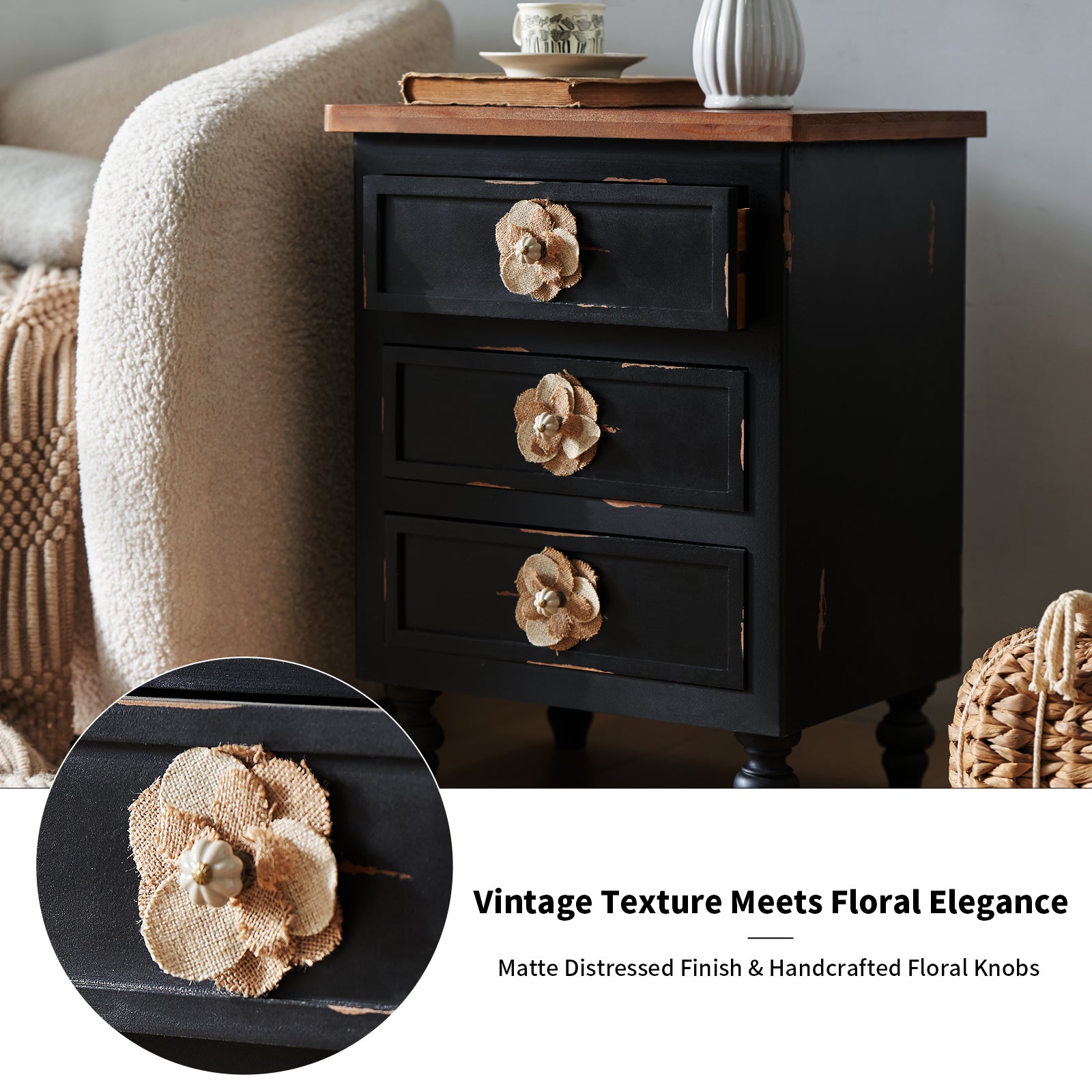 Vintage Farmhouse End Table with Floral Knobs – 19' Rustic Nightstand with 3 Drawers Gourd Legs,Bedside or Sofa Accent Table, Almost Fully Assembled, Black - Grand Goldman Shop