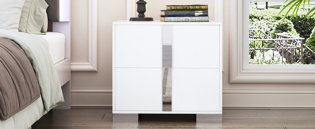 Elegant Nightstand with Metal Foot, Mirrored Bedside Table with 2 Drawers for Bedroom, Living Room, White (Old SKU: WF319353AAK) - Grand Goldman Shop