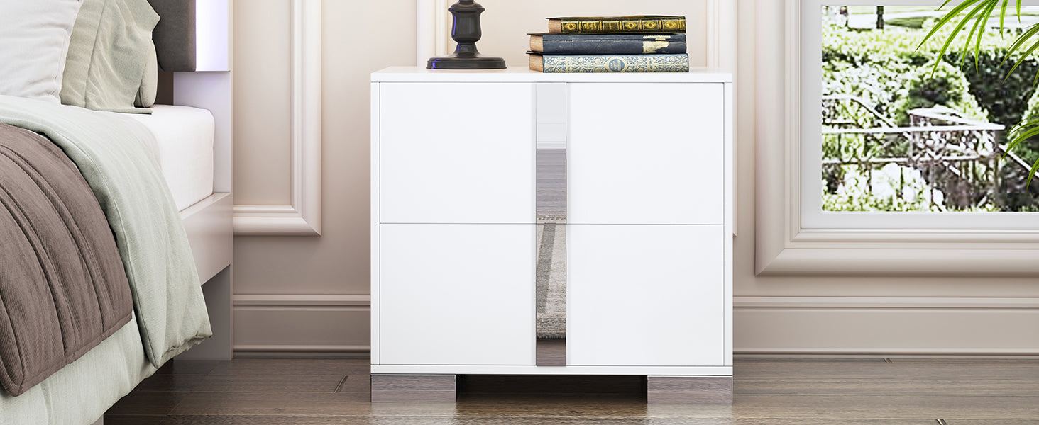 Elegant Nightstand with Metal Foot, Mirrored Bedside Table with 2 Drawers for Bedroom, Living Room, White (Old SKU: WF319353AAK) - Grand Goldman Shop