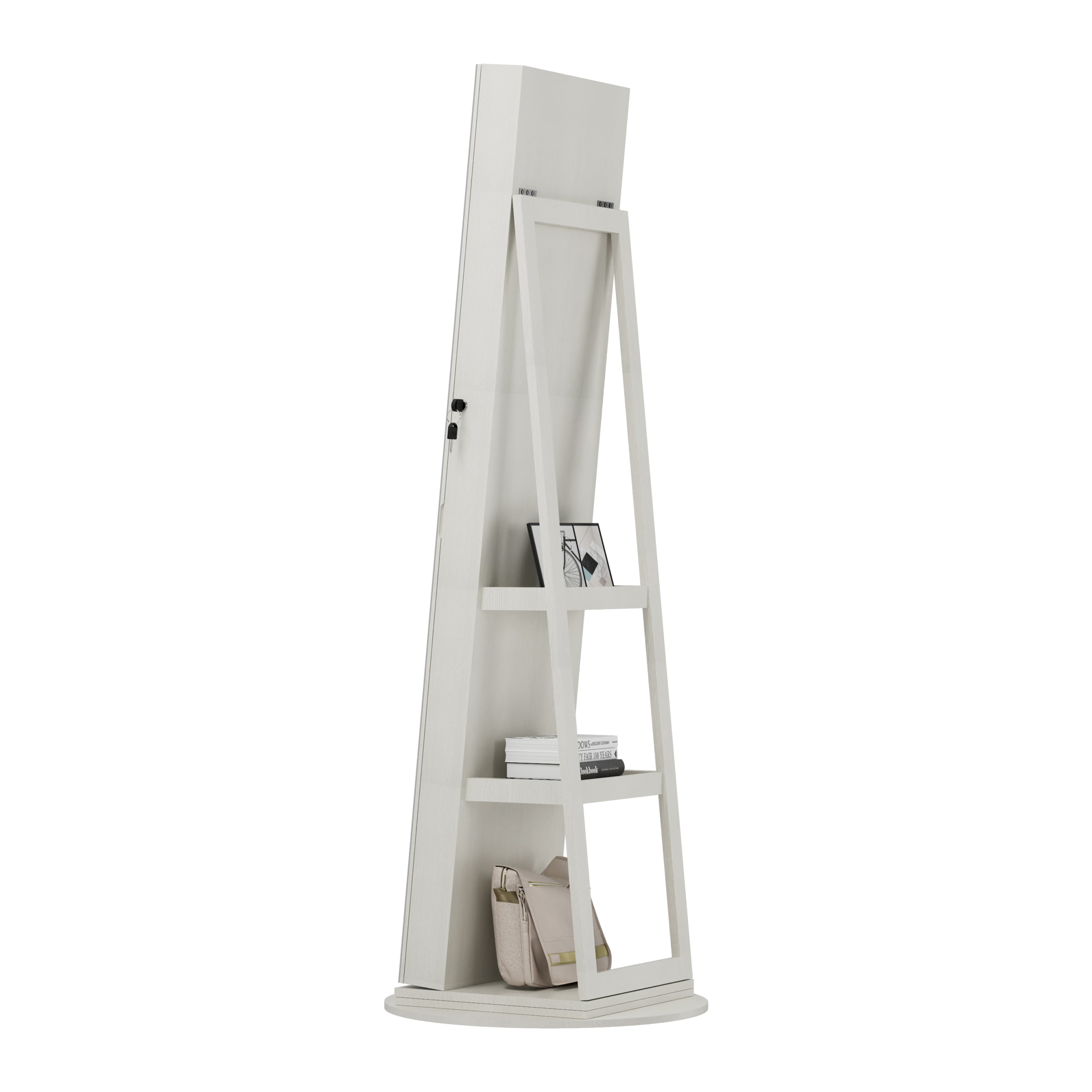 360°Swivel Jewelry Cabinet with Full Length Mirror, 360°Rotating Standing Jewelry Armoire Organizer, Lockable Storage Cabinet, Interior Lighted Mirror, White - Grand Goldman Shop