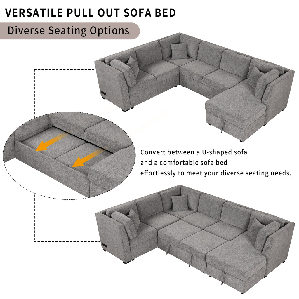 U-shaped Sectional Sofa Pull out Sofa Bed with USB Ports, Power Sockets, Storage Chaise, Light Gray Chenille, 108.6' - Grand Goldman Shop