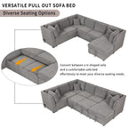 U-shaped Sectional Sofa Pull out Sofa Bed with USB Ports, Power Sockets, Storage Chaise, Light Gray Chenille, 108.6' - Grand Goldman Shop