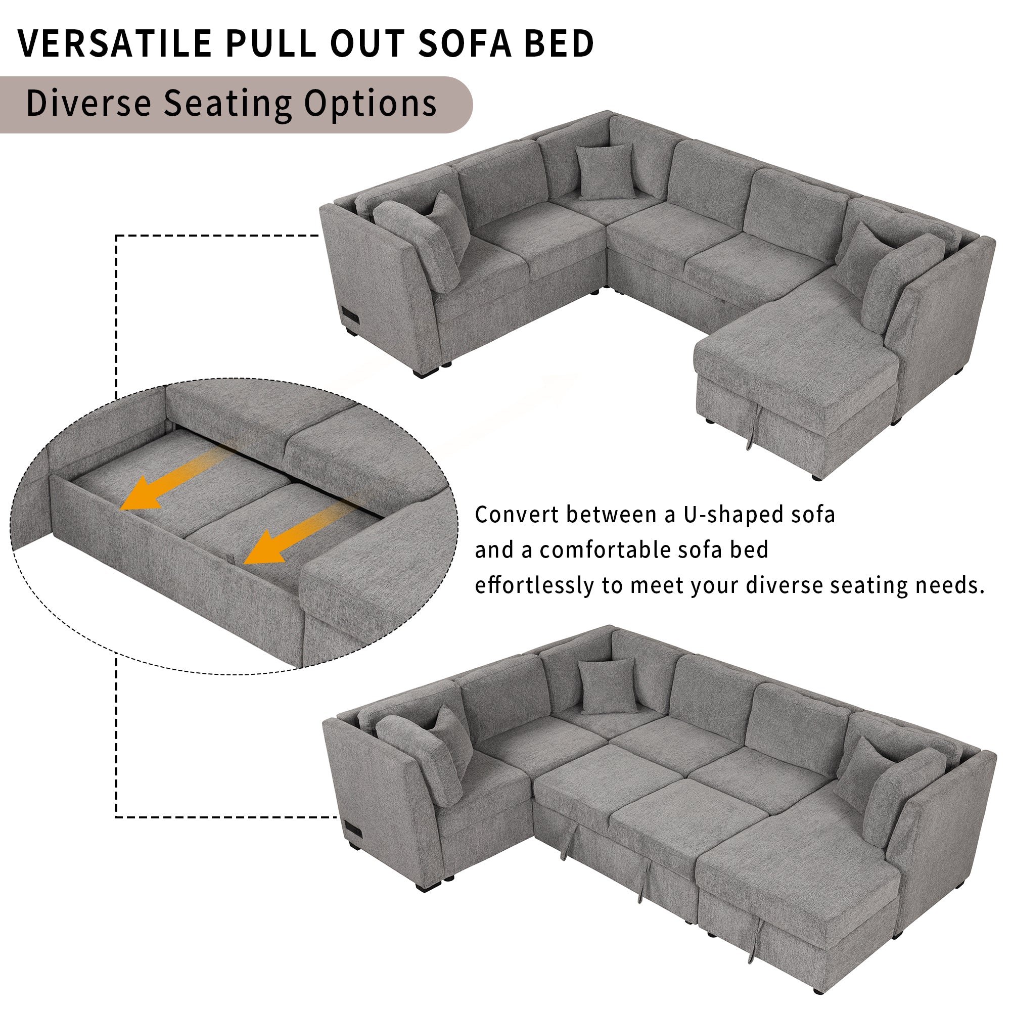 U-shaped Sectional Sofa Pull out Sofa Bed with USB Ports, Power Sockets, Storage Chaise, Light Gray Chenille, 108.6' - Grand Goldman Shop