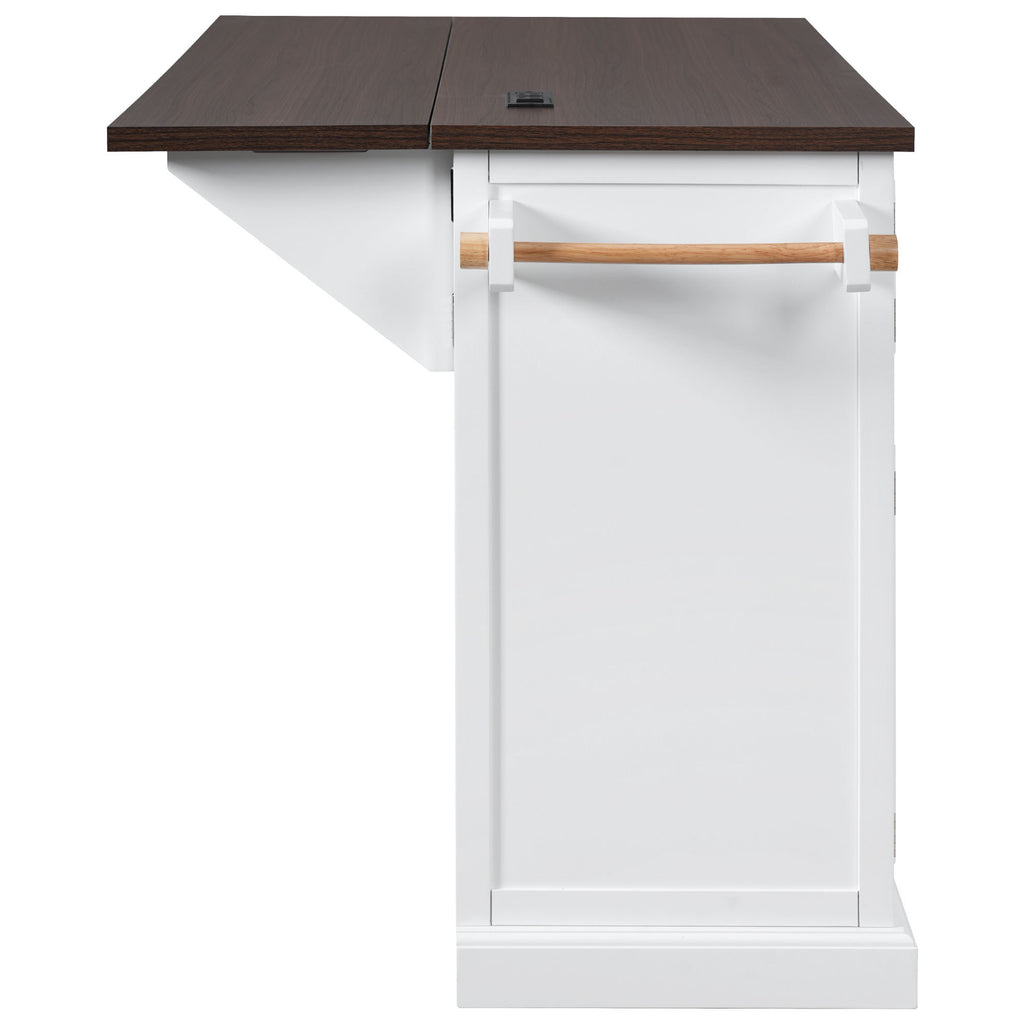 K&K 54.9' Kitchen Island with Drop Leaf, Power Outlet, Kitchen Storage Cart with 4 Door Shelves, Cross Barn Doors & Visual Glass Door, Rolling Kitchen Island on 4 Wheels for Kitchen, Dining Room,White - Grand Goldman Shop