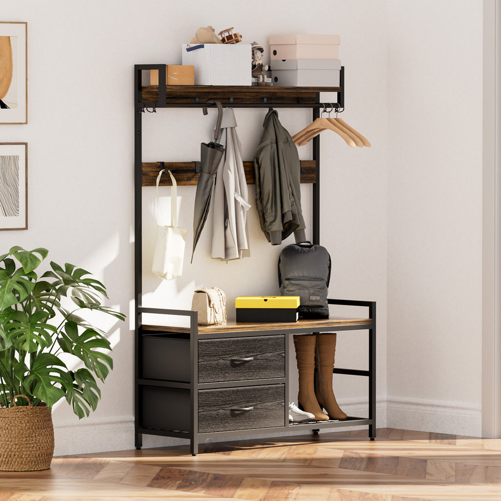 Rustic Brown 33.1' Wide Hall Tree with 2 Movable Drawers, Shoe Storage, Shelves, Garment Racks, and 23 Hooks for Entryway or Corner - Grand Goldman Shop