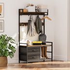 Rustic Brown 33.1' Wide Hall Tree with 2 Movable Drawers, Shoe Storage, Shelves, Garment Racks, and 23 Hooks for Entryway or Corner - Grand Goldman Shop