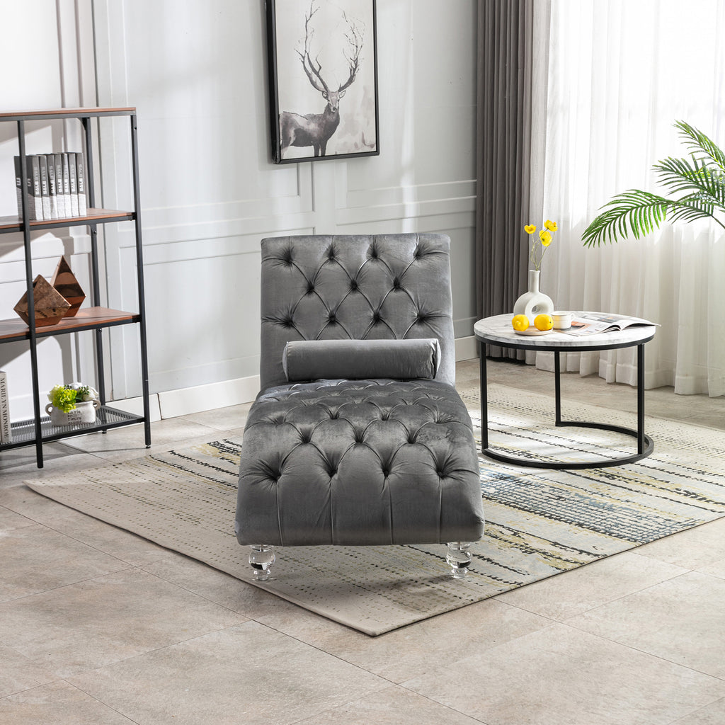 Velvet Chaise Lounge Indoor, Button-Tufted Upholstered Chaise Lounge Chair with Pillow, Silver Velvet, 63.98 Inches - Grand Goldman Shop