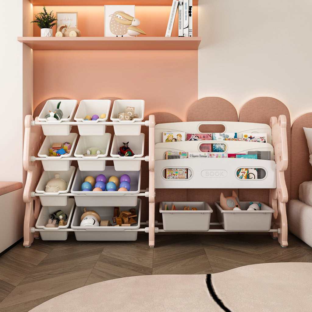 Kids Toy Storage Organizer with 2 Tier Bookshelf and 12 Toy Bins, Pink Polyethylene - Grand Goldman Shop