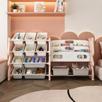 Kids Toy Storage Organizer with 2 Tier Bookshelf and 12 Toy Bins, Pink Polyethylene - Grand Goldman Shop