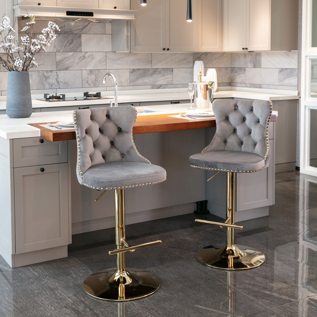 A&A Furniture,Golden Swivel Velvet Barstools Adjusatble Seat Height from 25-33 Inch, Modern Upholstered Bar Stools with Backs Comfortable Tufted for Home Pub and Kitchen Island（Gray,Set of 2） - Grand Goldman Shop