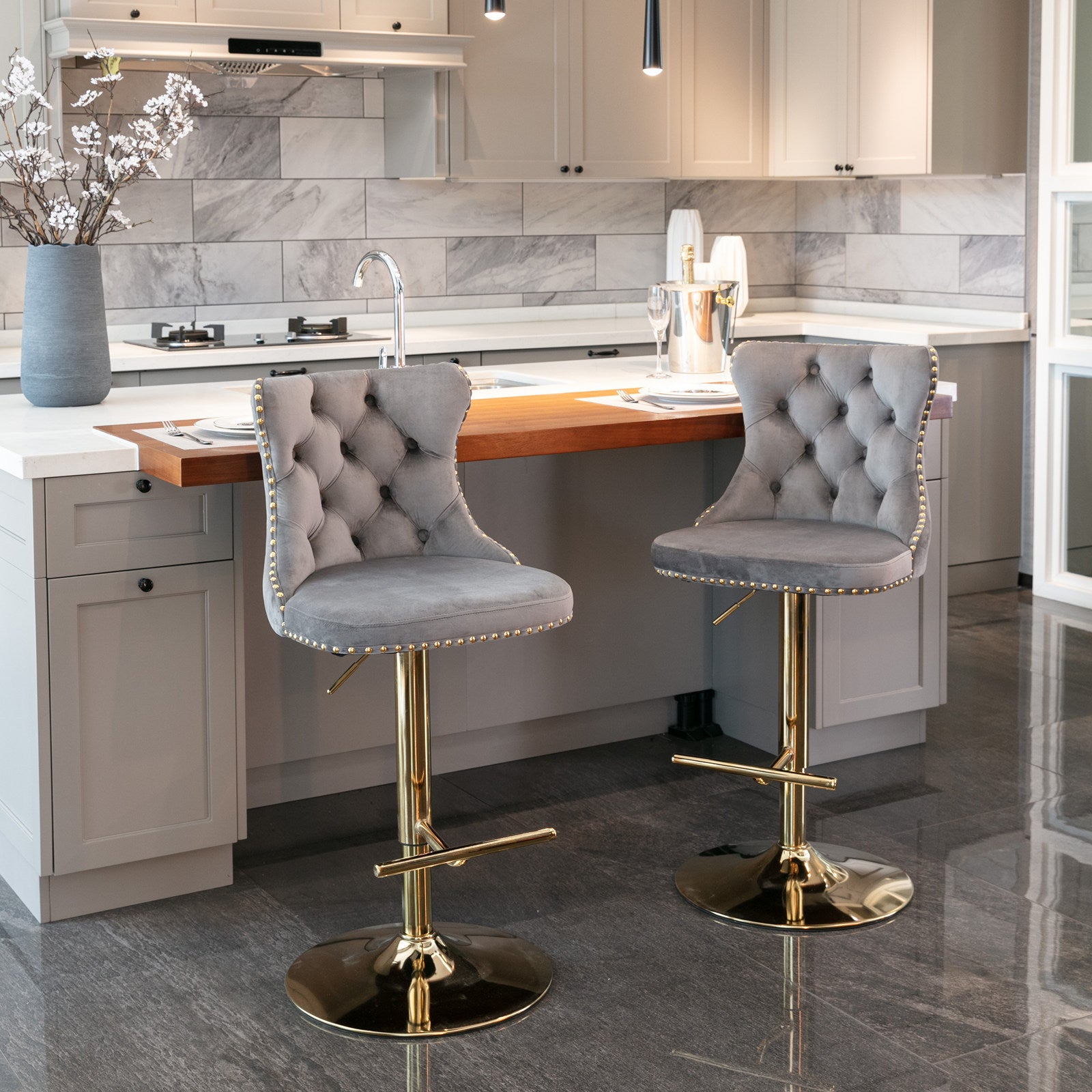 A&A Furniture,Golden Swivel Velvet Barstools Adjusatble Seat Height from 25-33 Inch, Modern Upholstered Bar Stools with Backs Comfortable Tufted for Home Pub and Kitchen Island（Gray,Set of 2） - Grand Goldman Shop