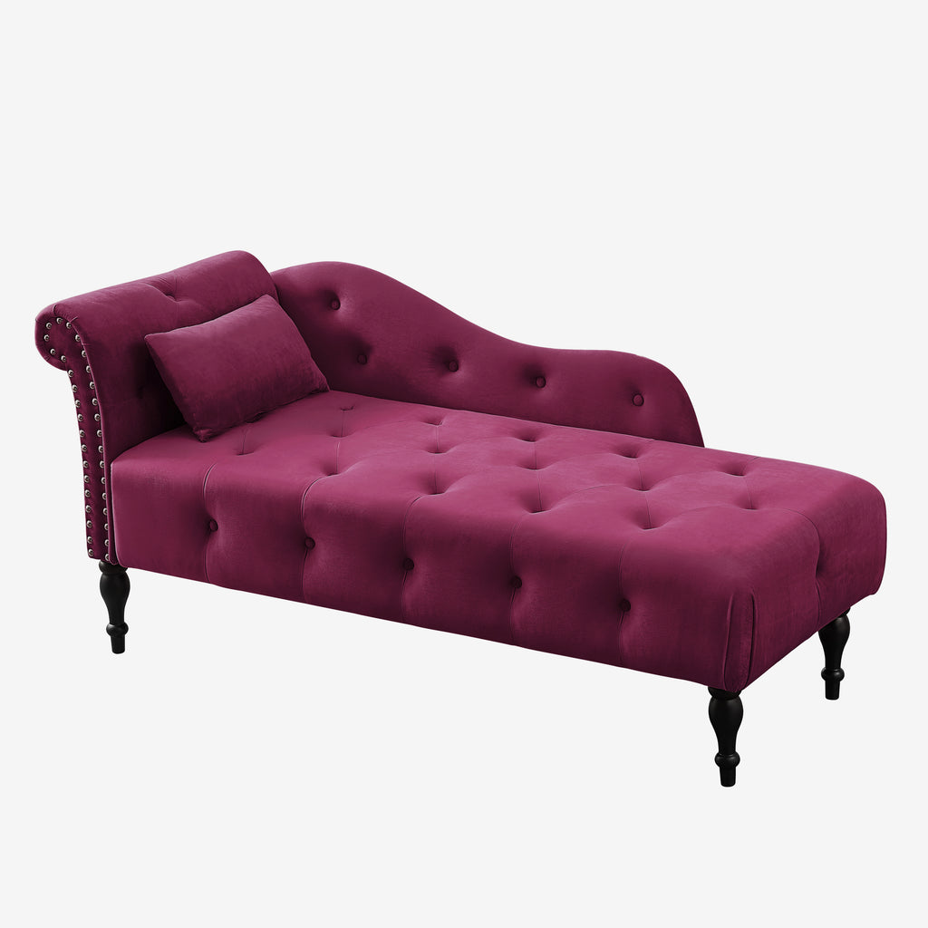 Aijia 60.6' Velvet Chaise Lounge Buttons Tufted Nailhead Trimmed Solid Wood Legs with 1 Pillow,Burgundy  (Left Arm Design as Shown in the Picture) - Grand Goldman Shop