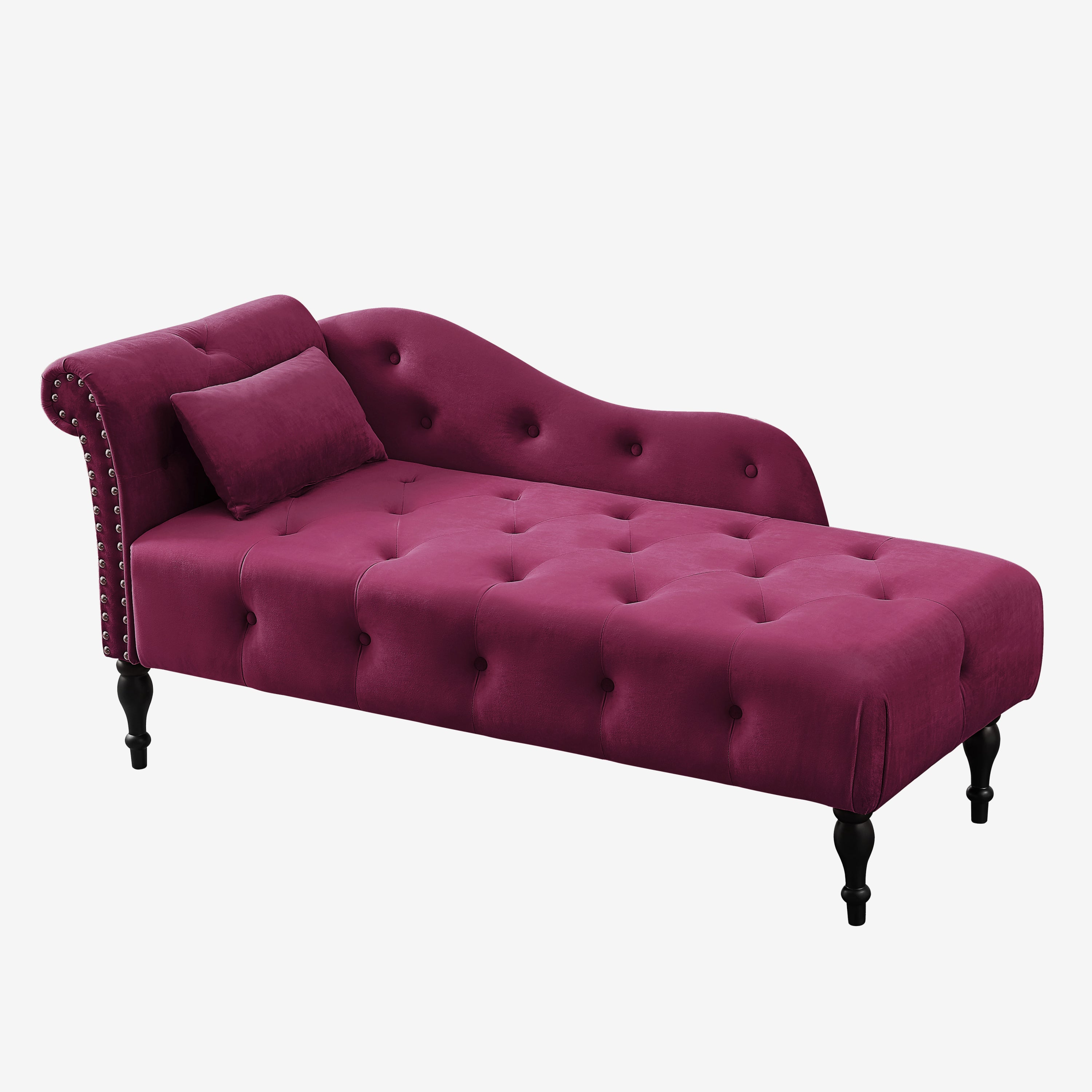 Aijia 60.6' Velvet Chaise Lounge Buttons Tufted Nailhead Trimmed Solid Wood Legs with 1 Pillow,Burgundy  (Left Arm Design as Shown in the Picture) - Grand Goldman Shop