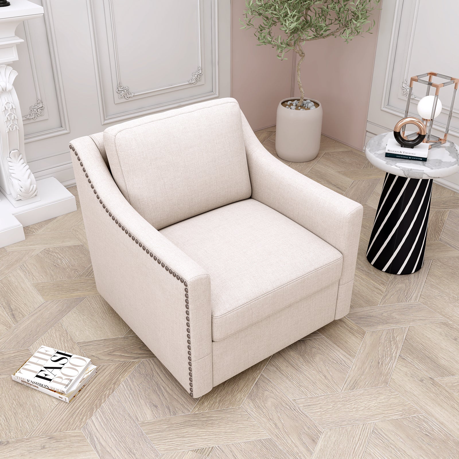 Ergonomic Swivel Armchair with Cotton Linen Upholstery and Brass Nail Decoration, Black Legs - Grand Goldman Shop