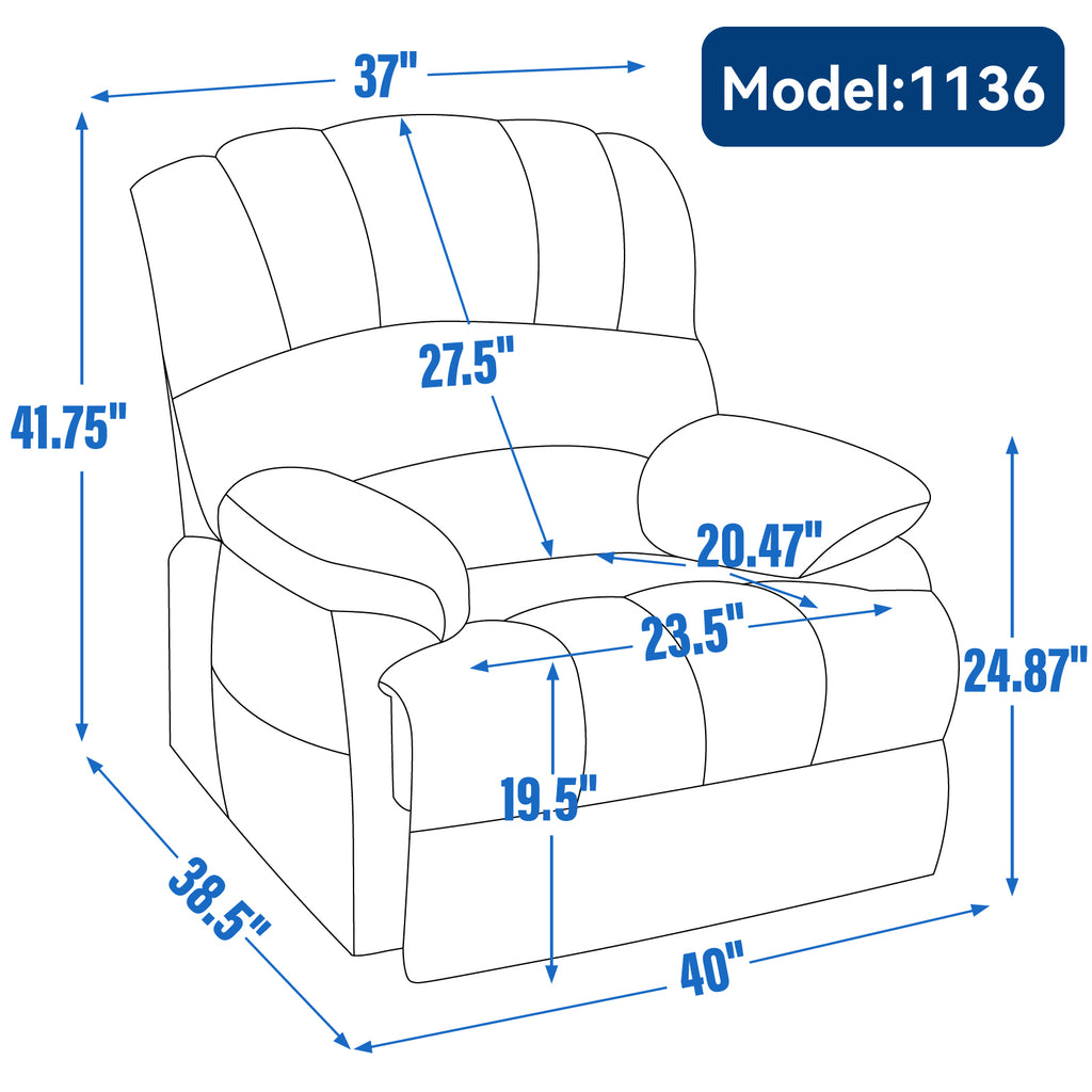 23' Seat Width and High Back Large Size Blue Grey Chenille Power Lift Recliner Chair with 8-Point Vibration Massage and Lumbar Heating - Grand Goldman Shop