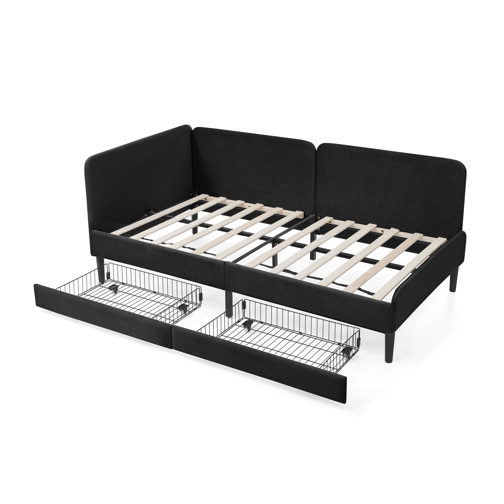 Black Velvet Twin Upholstered Platform Bed Frame with 2 Storage Drawers and Adjustable Sofa Bed - Grand Goldman Shop