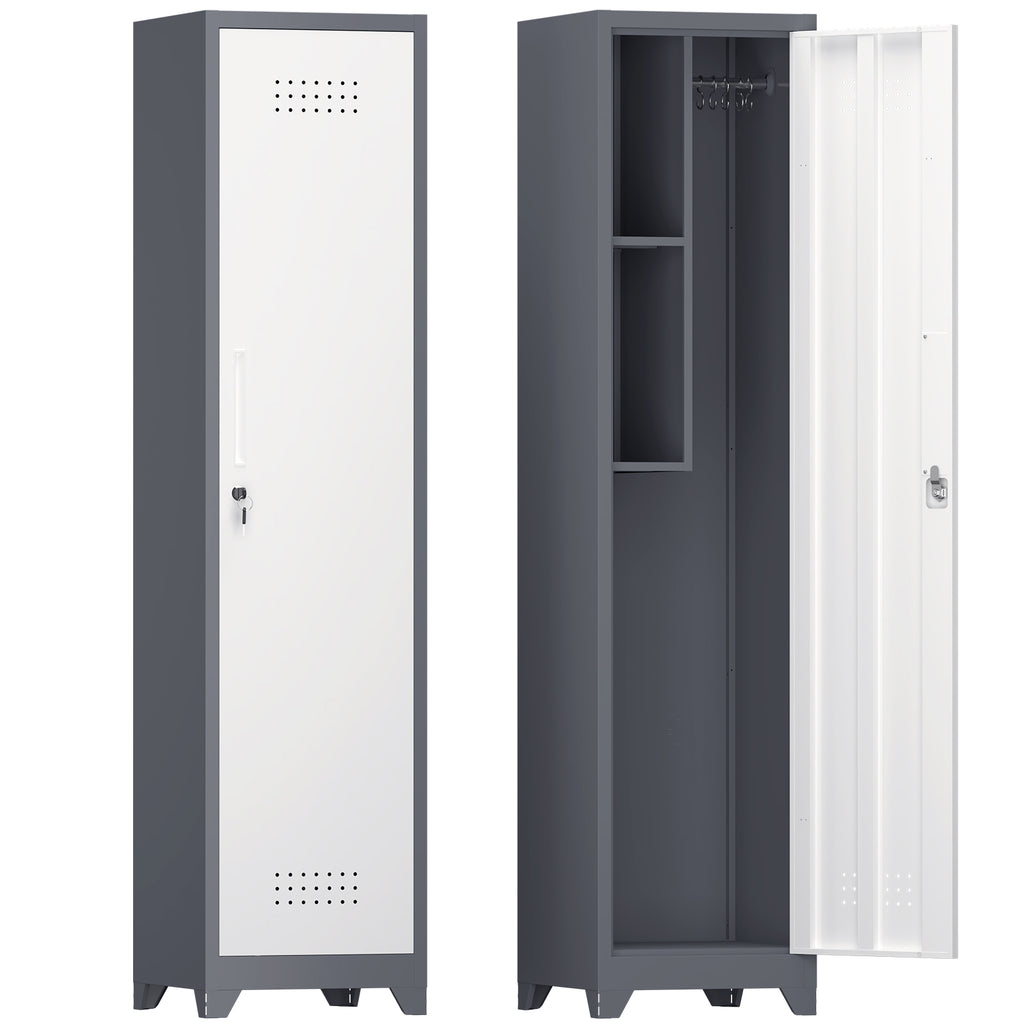Metal Broom Storage Cabinet, 65' Narrow Slim Utility Cabinet with Hooks and Shelves, White Finish, Heavy-Duty Steel Construct