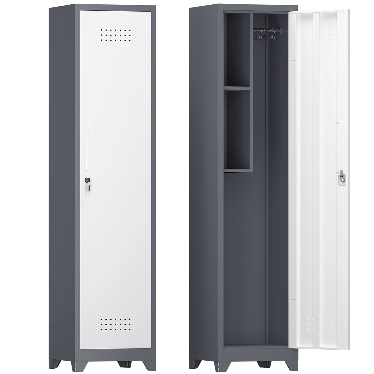 Metal Broom Storage Cabinet, 65' Narrow Slim Utility Cabinet with Hooks and Shelves, White Finish, Heavy-Duty Steel Construct