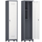 Metal Broom Storage Cabinet, 65' Narrow Slim Utility Cabinet with Hooks and Shelves, White Finish, Heavy-Duty Steel Construct
