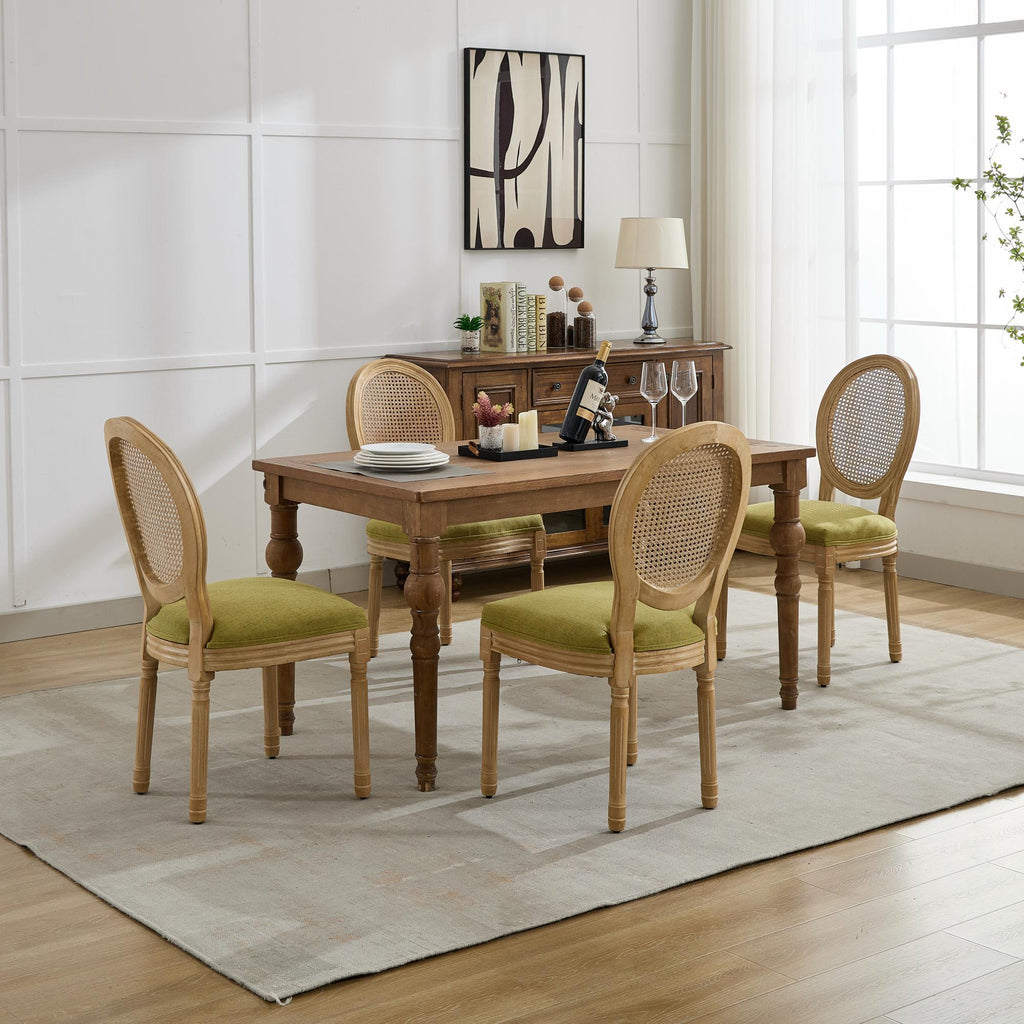 A&A Furniture,French Style Solid Wood Frame Antique Painting Linen Fabric Rattan Back Dining Chair,Set of 2,Olive-Green - Grand Goldman Shop