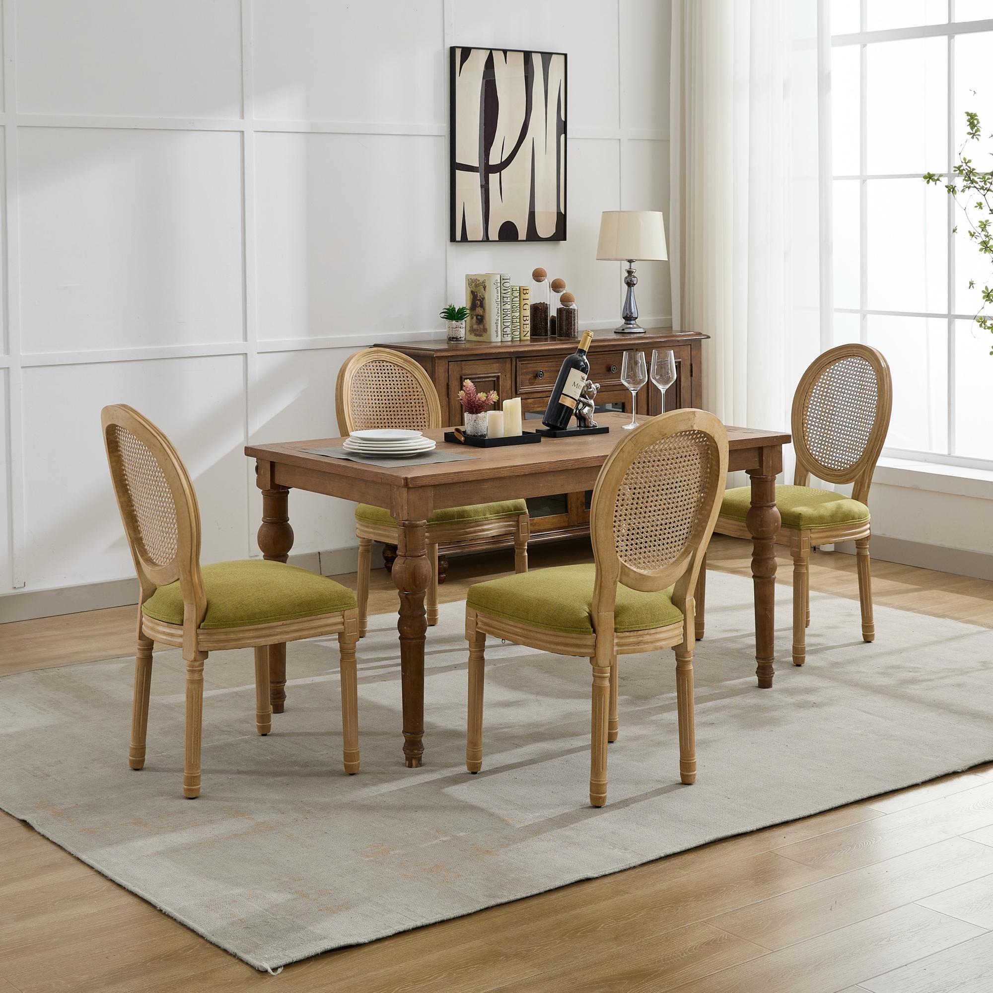 A&A Furniture,French Style Solid Wood Frame Antique Painting Linen Fabric Rattan Back Dining Chair,Set of 2,Olive-Green - Grand Goldman Shop
