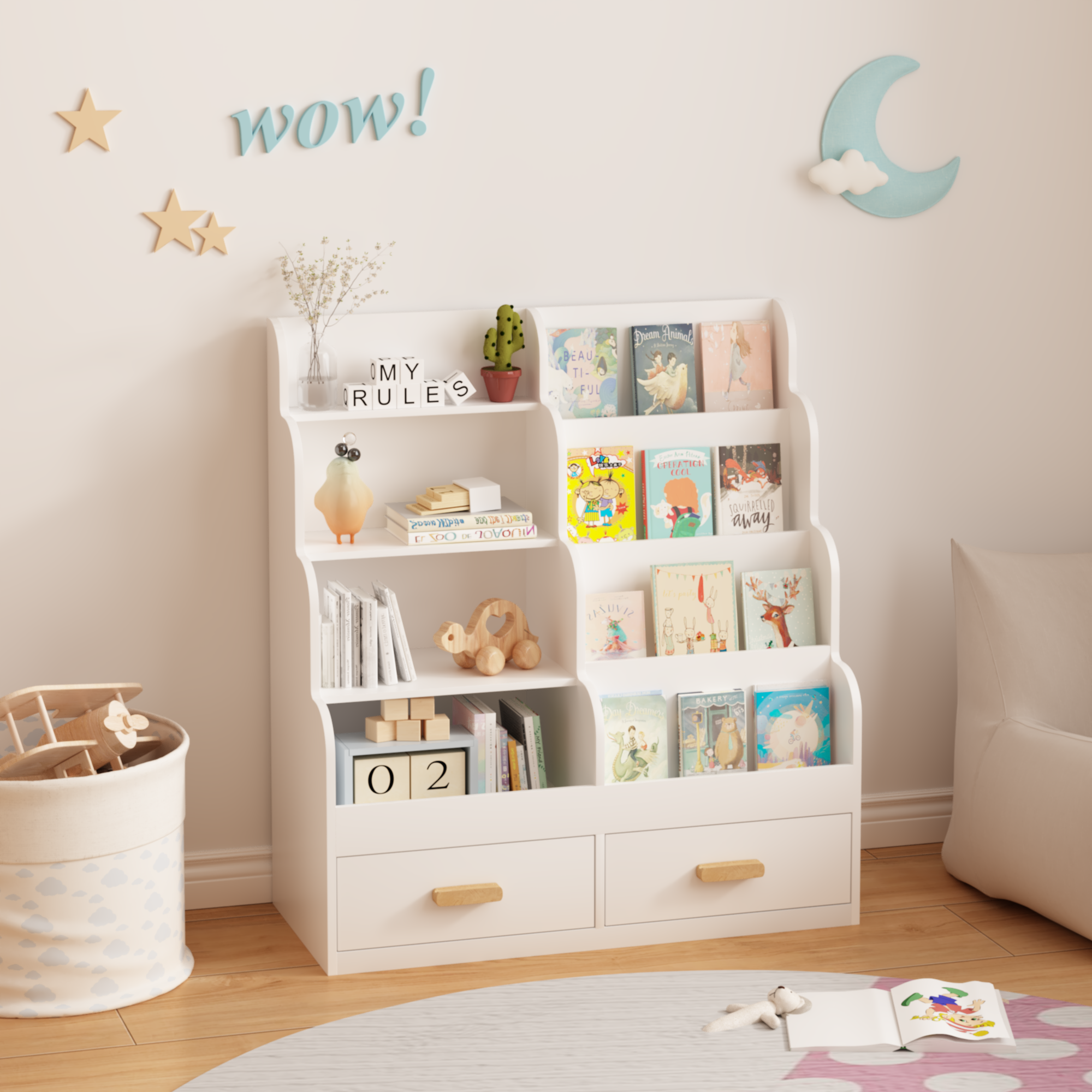 Kids Bookshelf with 2 Storage Drawers, Front-Facing Children's Bookcase and Toy Organizer, Multi-Tier Reading Shelf for Toddl
