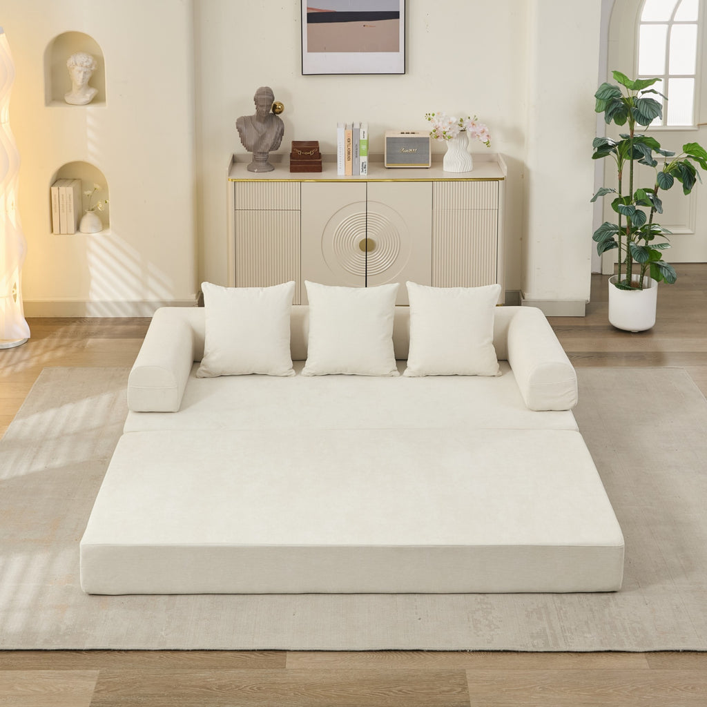 Comfy Convertible Folding Mattress Couch, Floor Sofa Bed, Chenille Floor Sofa with Armrest, Floor Sofa Lounge Couch for Living Room Bedroom Lounge Studio-Beige - Grand Goldman Shop