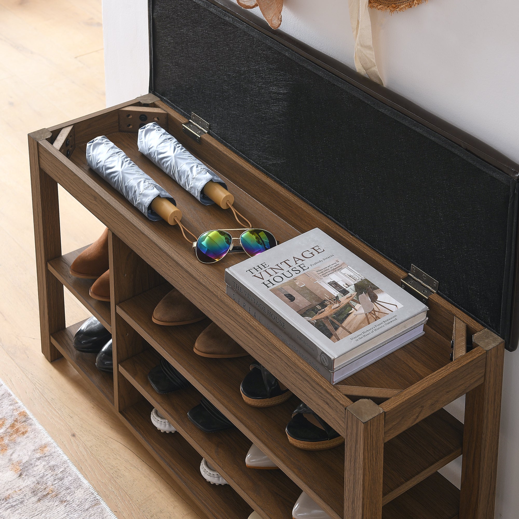 A height-adjustable long shoe-changing bench,made of natural rubberwood,comes with a comfortable seat,concealed storage space and large storage compartments. features natural wood grain.Brown - Grand Goldman Shop