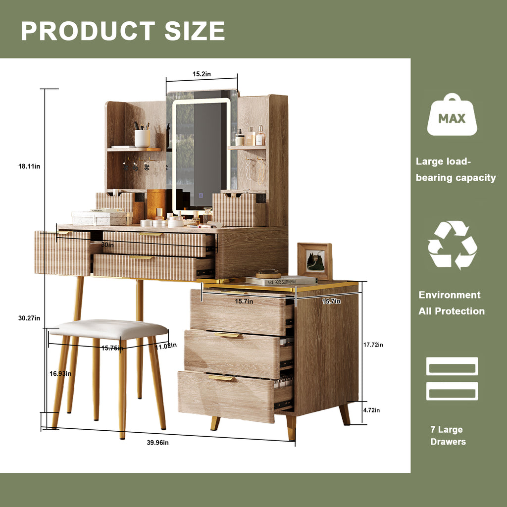 7-Drawer Vanity Desk with LED Mirror & Carved Details, Fluted Makeup Table with Metal Legs and PU Stool, Carved Dressing Table with Jewelry Storage for Bedroom - Grand Goldman Shop
