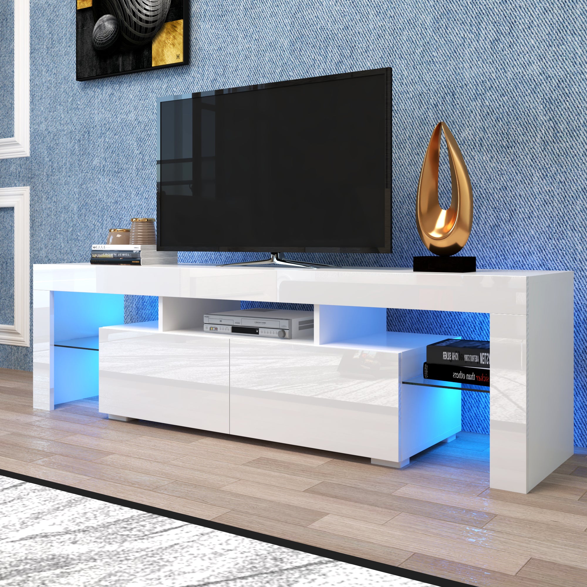 Modern White TV Stand, 20 Colors LED TV Stand w/Remote Control Lights - Grand Goldman Shop