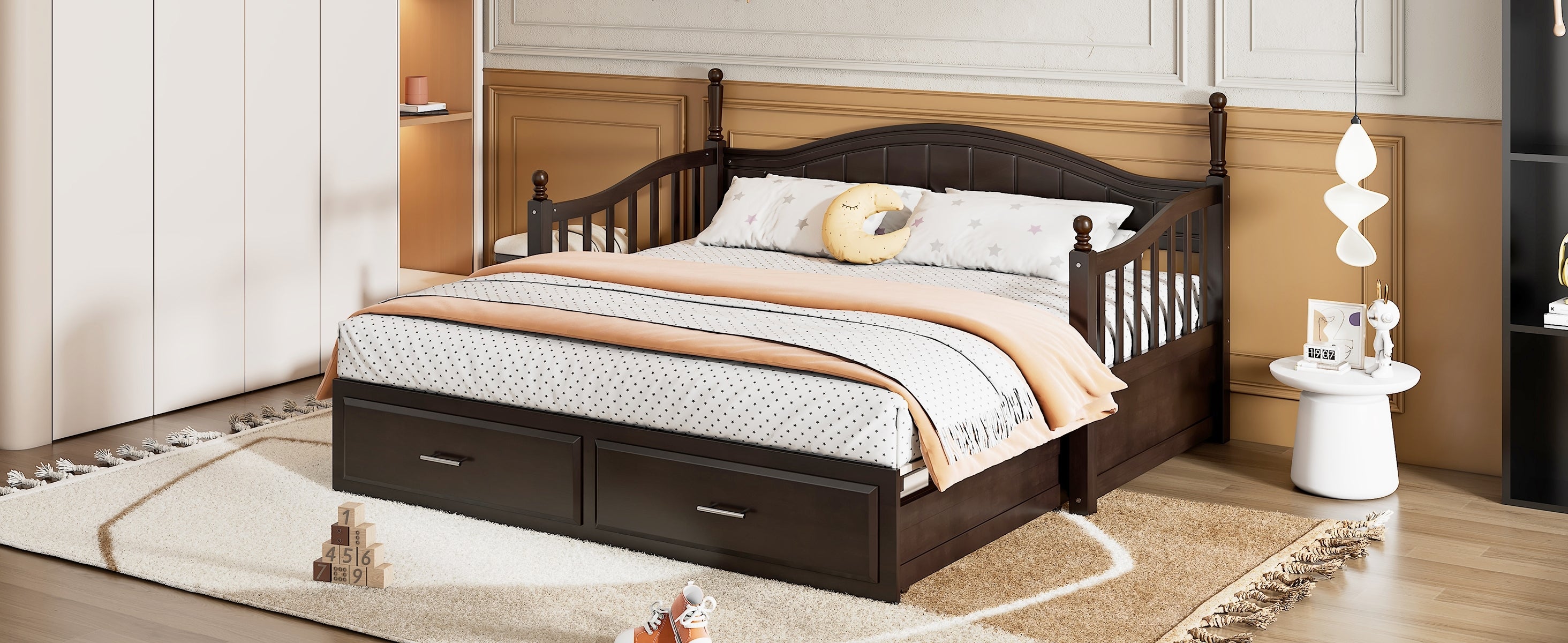 Wooden Twin Size Daybed with Twin Size Trundle, Extendable Daybed with Two Storage Drawers, Espresso(Expected Arrival Time:9.12) - Grand Goldman Shop