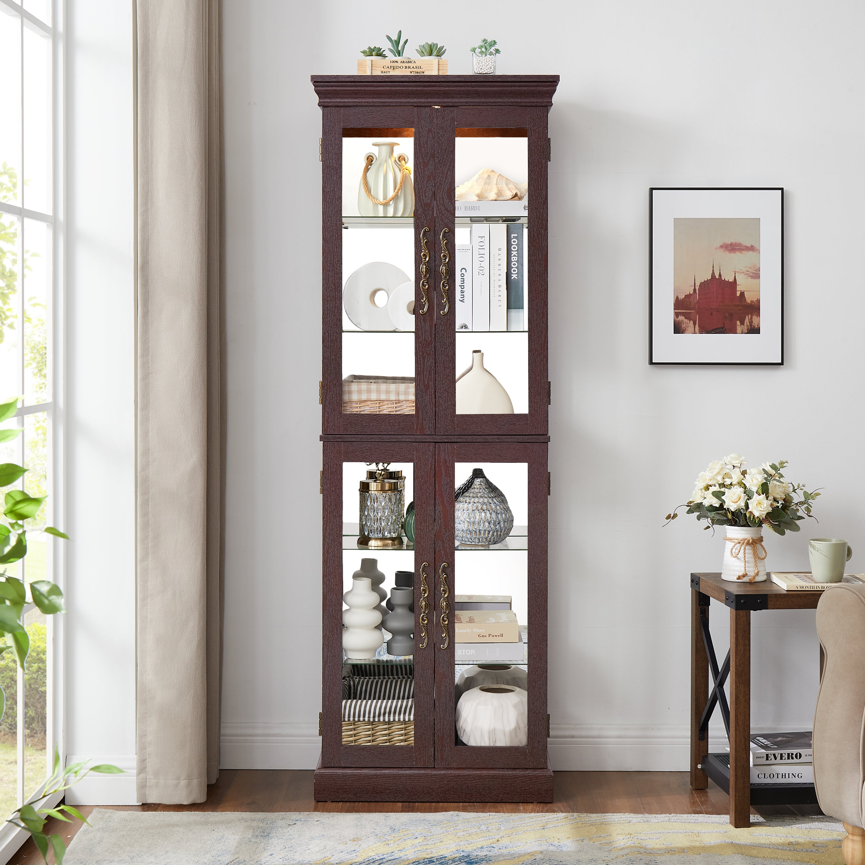 Lighted Glass Curio Display Cabinet,Display Cabinet,Glass Storage Cabinet Glass Wine cabinet Wood Frame Toy Display for Living Room, Kitchen, Pantry light bulb included Dark Cherry - Grand Goldman Shop