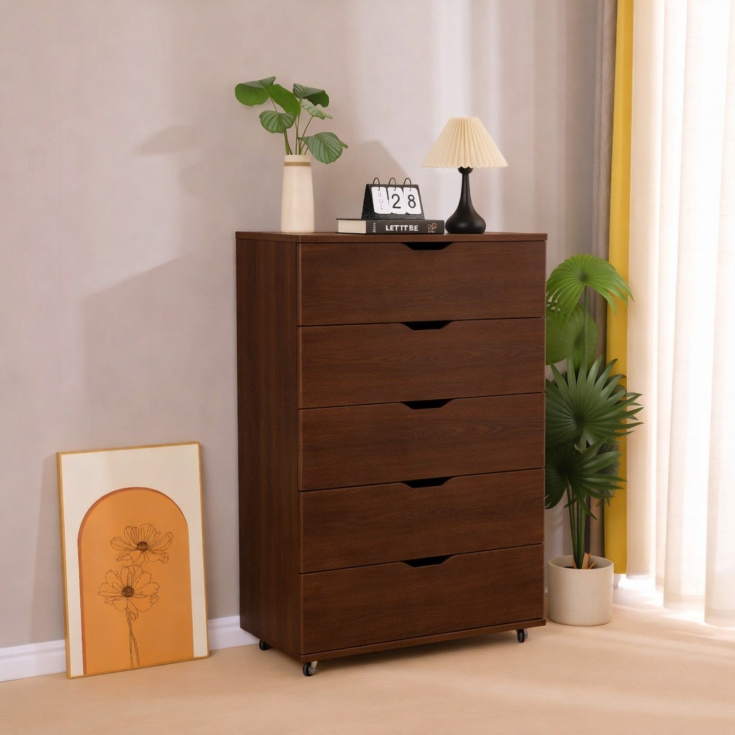 Rustic Dark Brown 5-Drawer Rolling Dresser with Caster Wheels, Wooden Mobile Storage Cabinet for Bedroom, Closet, or Small Space, 30.71' W x 15.83' D x 46.46' H - Grand Goldman Shop