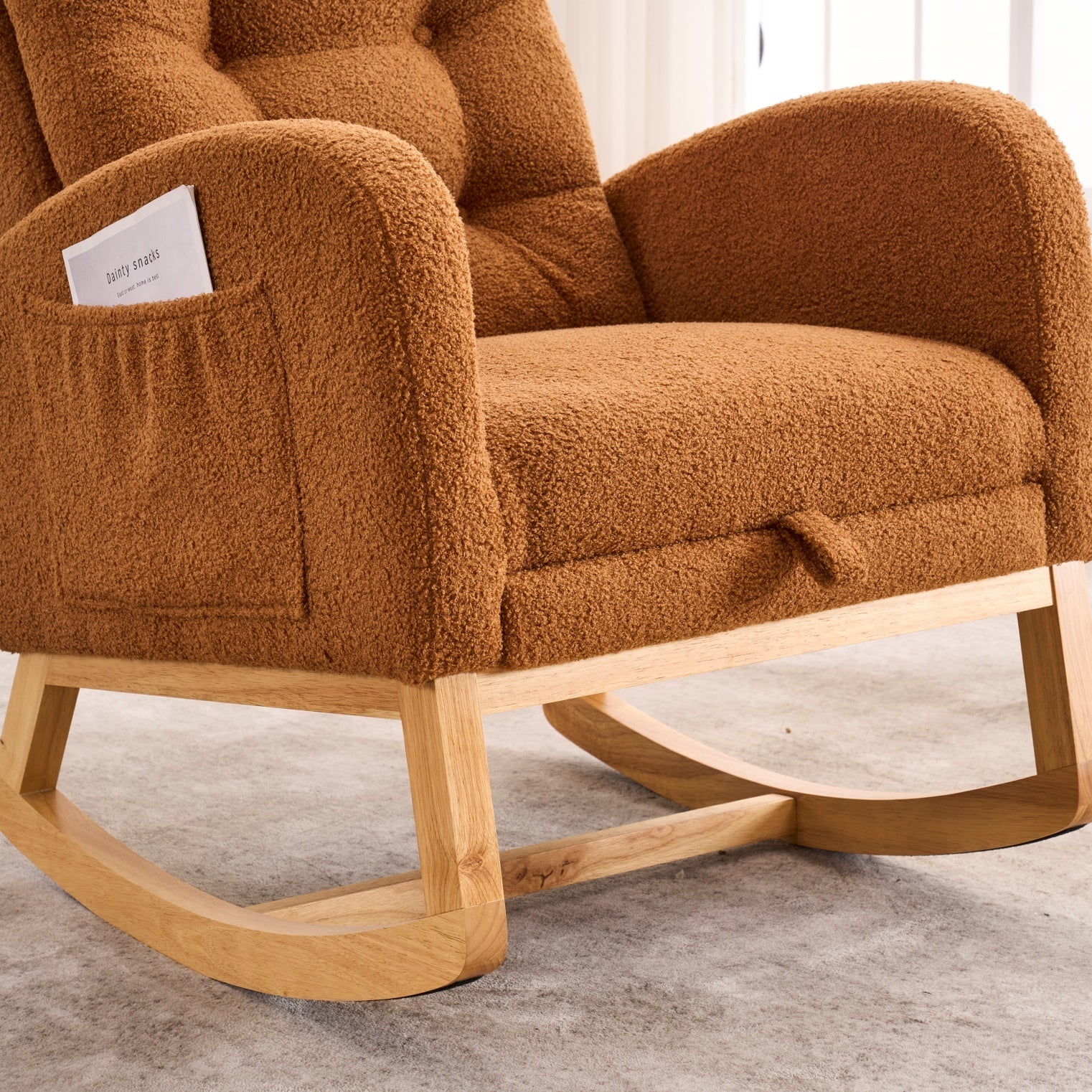 LY-5104 Caramel Accent Rocking  Chair with  Footrest High Back Rubber Wood Rocking Legs Bedroom Living Space   26.77D X 38.36W X 39.76H Inch - Grand Goldman Shop
