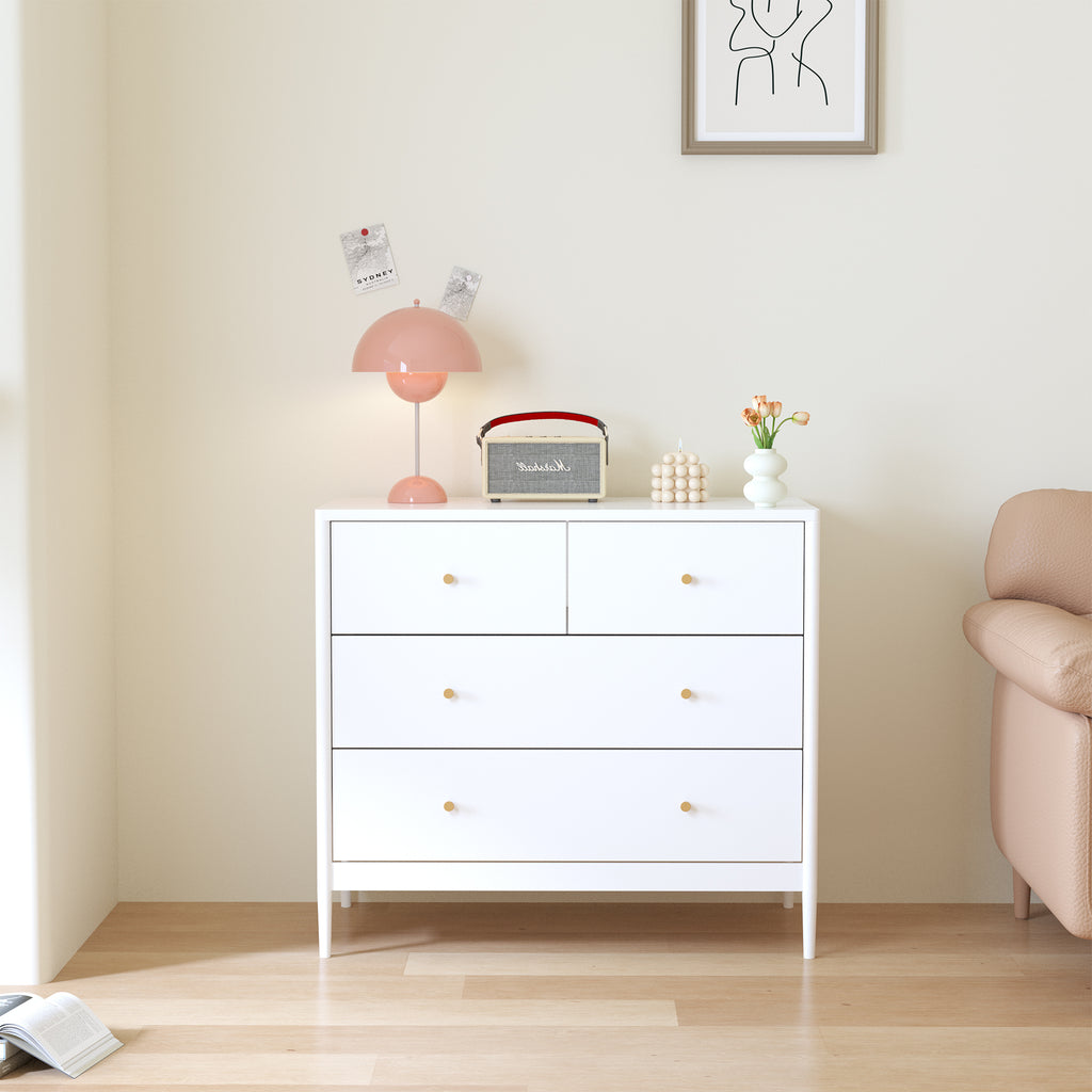 White 4-Drawer Kids Dresser with Antique Brass Pulls, Wooden Storage Cabinet for Nursery or Toddler Bedroom, 35.4' Wide - Grand Goldman Shop