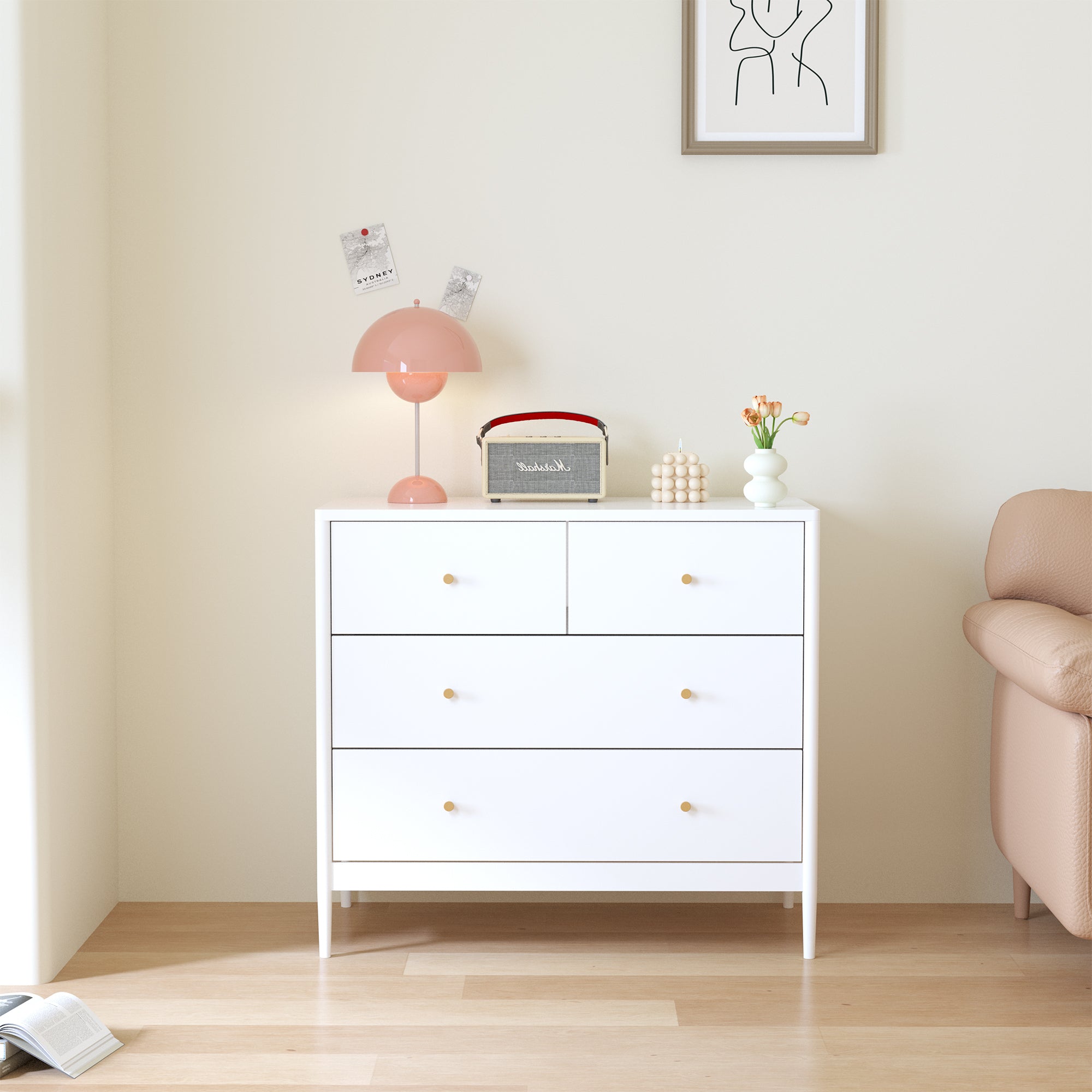 White 4-Drawer Kids Dresser with Antique Brass Pulls, Wooden Storage Cabinet for Nursery or Toddler Bedroom, 35.4' Wide - Grand Goldman Shop