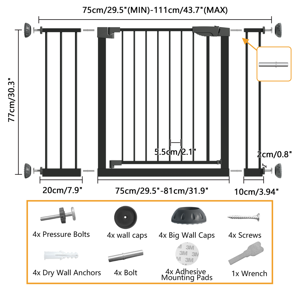 29.5-45.3' Wide Baby Gate with wall protector for Stairs, Dog Gate Indoor for Doorways, No Drilling Pressure Mounted Pet Gate