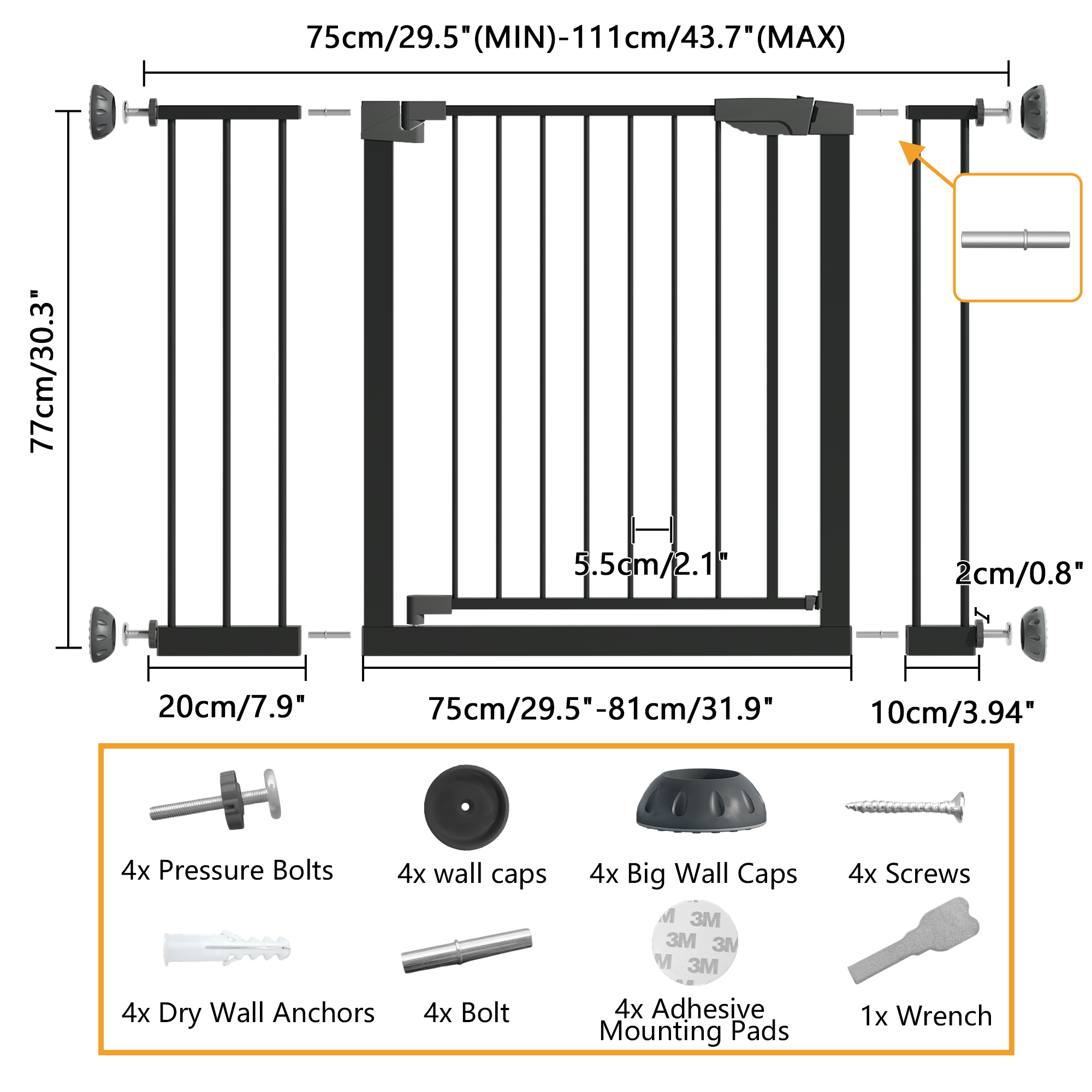 29.5-45.3' Wide Baby Gate with wall protector for Stairs, Dog Gate Indoor for Doorways, No Drilling Pressure Mounted Pet Gate