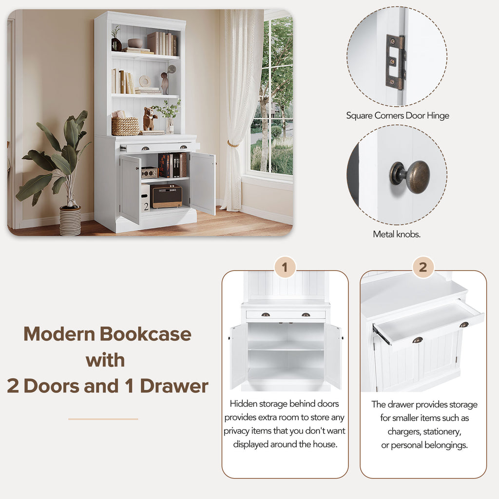 83.4'Tall Bookshelf with 3 pieces LED Lighting, Modern Bookcase with 2 Doors and 1 Drawer,Storage Bookcase with Open Shelves for Living Room,Home Office,White - Grand Goldman Shop