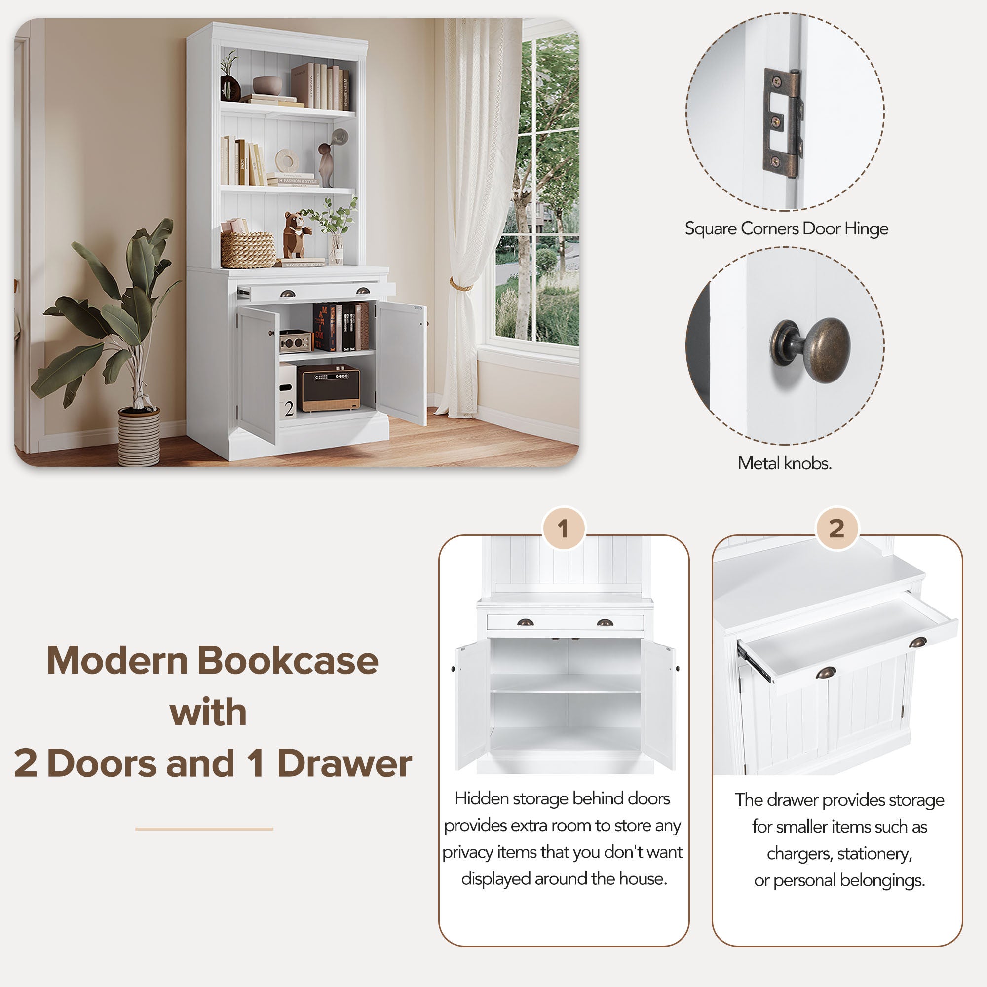 83.4'Tall Bookshelf with 3 pieces LED Lighting, Modern Bookcase with 2 Doors and 1 Drawer,Storage Bookcase with Open Shelves for Living Room,Home Office,White - Grand Goldman Shop